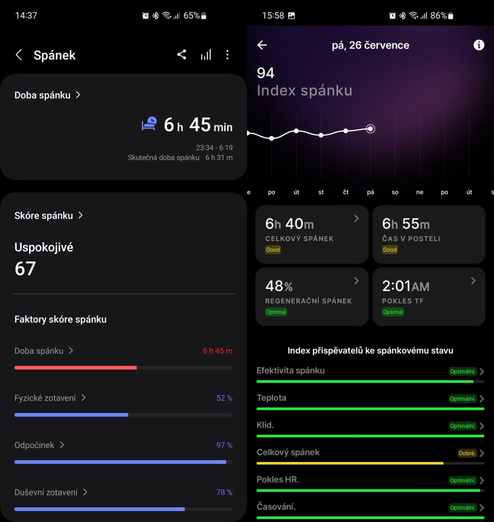 Porovnání měření spánku s prstenem Ultrahuman Ring Air (vpravo)