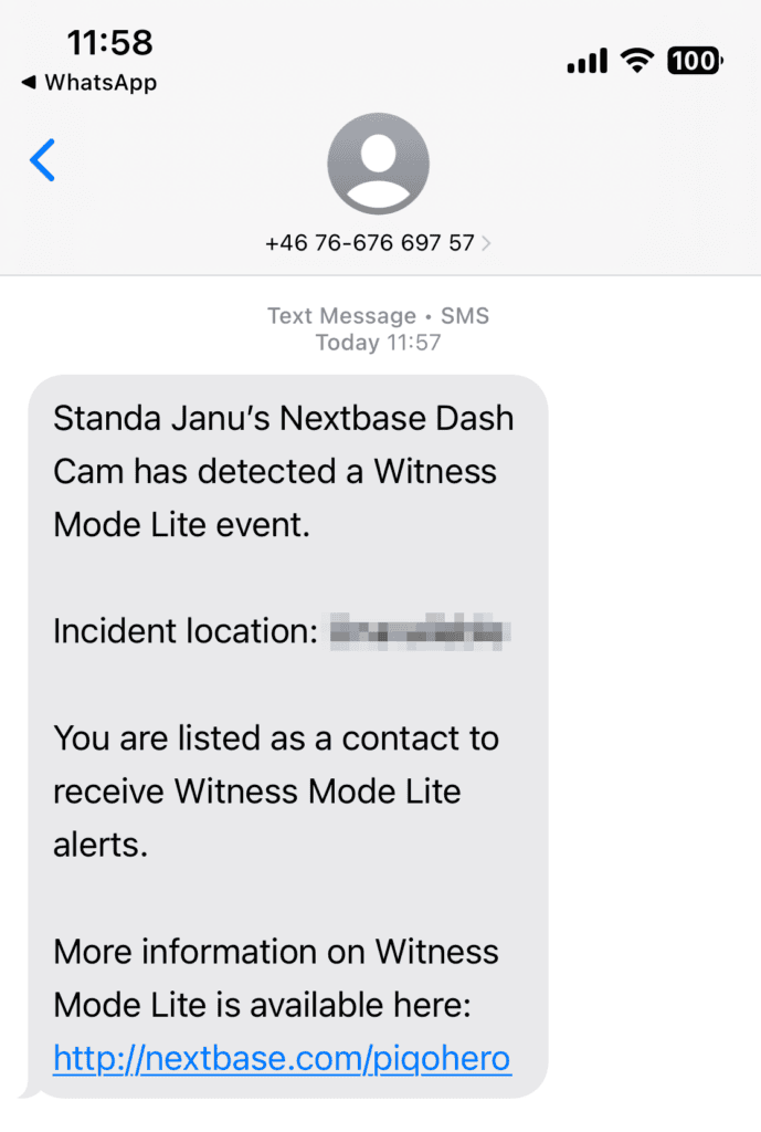 Po aktivaci Witness režimu je odeslána SMS na zadaná čísla s aktuální polohou.