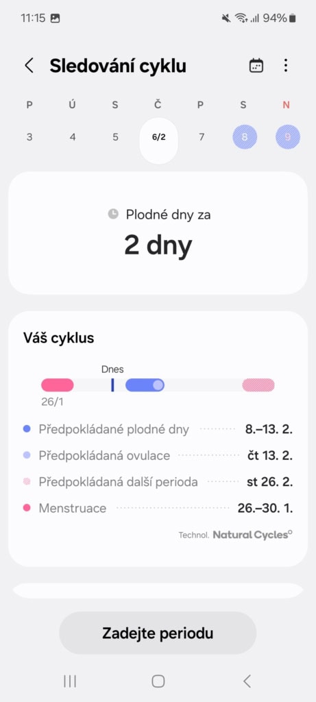 Jednoduchý menstruační kalendář s odhadem cyklu